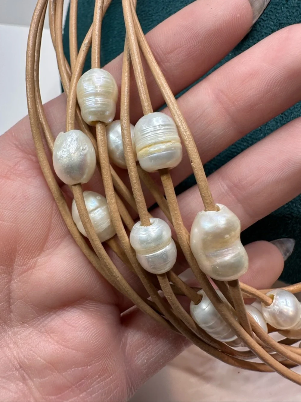 Genuine Pearls And Leather Multi Strand Bib Necklace With Pearl Earrings - Picture 6 of 8